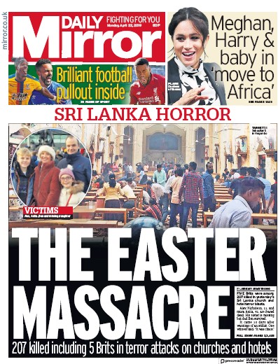 Daily Mirror Newspaper Front Page (UK) for 23 April 2019