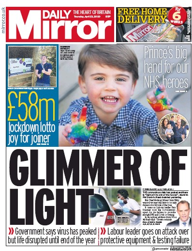 Daily Mirror Newspaper Front Page (UK) for 23 April 2020