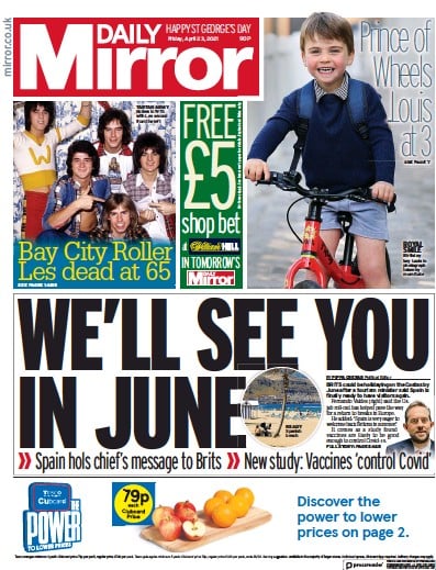 Daily Mirror Newspaper Front Page (UK) for 23 April 2021