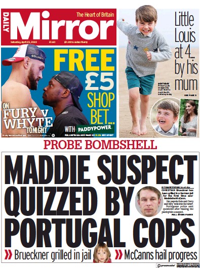 Daily Mirror Newspaper Front Page (UK) for 23 April 2022