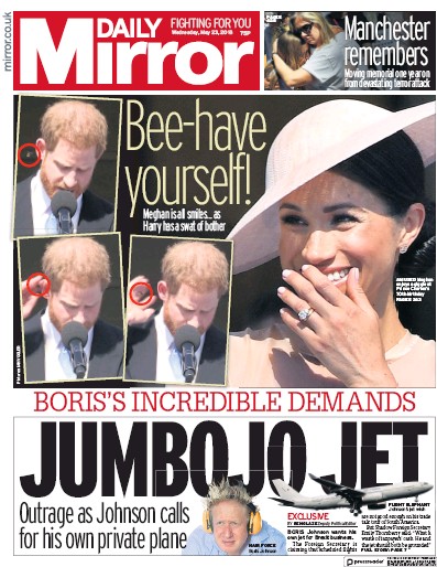 Daily Mirror Newspaper Front Page (UK) for 23 May 2018