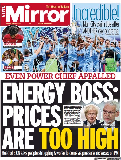 Daily Mirror Newspaper Front Page (UK) for 23 May 2022