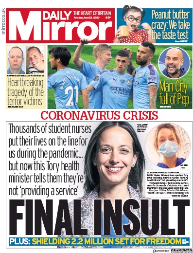 Daily Mirror Newspaper Front Page (UK) for 23 June 2020