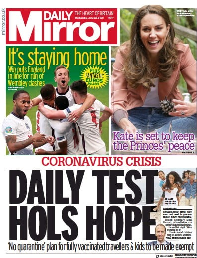 Daily Mirror Newspaper Front Page (UK) for 23 June 2021