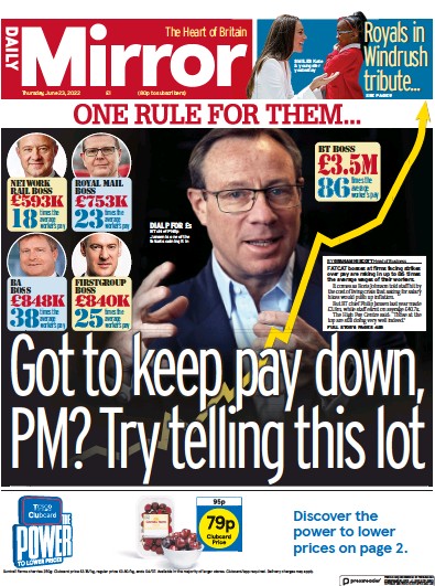 Daily Mirror Newspaper Front Page (UK) for 23 June 2022