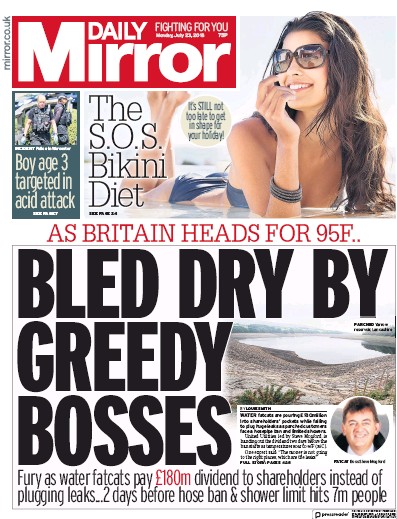 Daily Mirror Newspaper Front Page (UK) for 23 July 2018