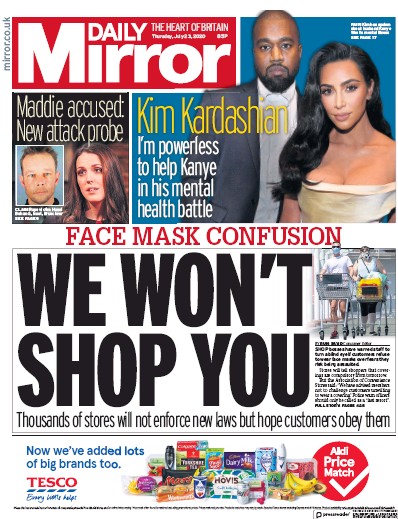 Daily Mirror Newspaper Front Page (UK) for 23 July 2020