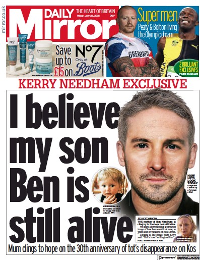 Daily Mirror Newspaper Front Page (UK) for 23 July 2021