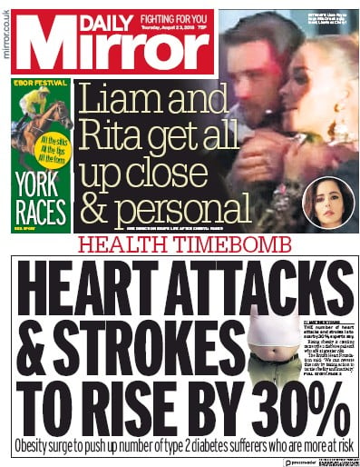 Daily Mirror Newspaper Front Page (UK) for 23 August 2018