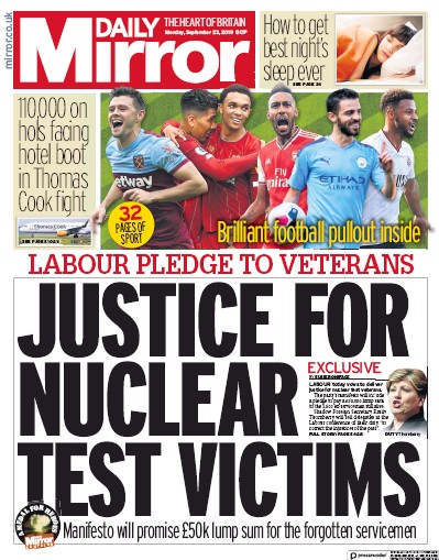 Daily Mirror Newspaper Front Page (UK) for 23 September 2019