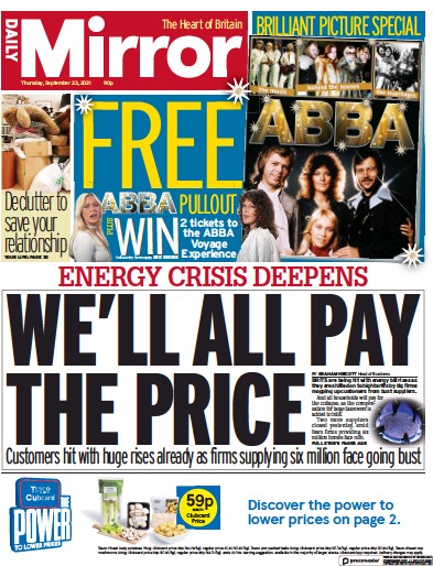 Daily Mirror Newspaper Front Page (UK) for 23 September 2021