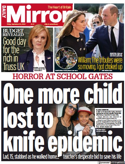 Daily Mirror Newspaper Front Page (UK) for 23 September 2022