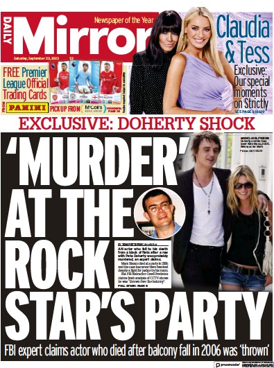 Daily Mirror Newspaper Front Page (UK) for 23 September 2023