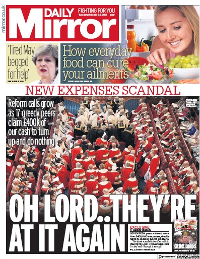 Daily Mirror Newspaper Front Page (UK) for 24 October 2017