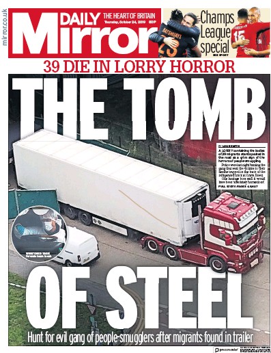 Daily Mirror Newspaper Front Page (UK) for 24 October 2019
