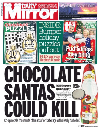 Daily Mirror Newspaper Front Page (UK) for 24 December 2016