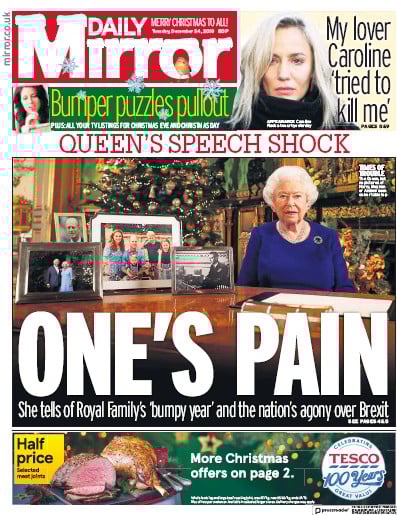 Daily Mirror Newspaper Front Page (UK) for 24 December 2019