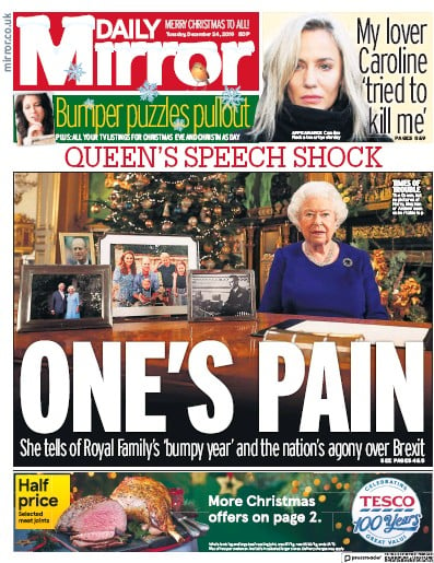 Daily Mirror Newspaper Front Page (UK) for 24 December 2019