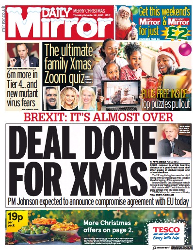 Daily Mirror Newspaper Front Page (UK) for 24 December 2020