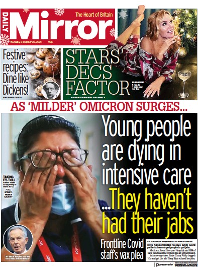 Daily Mirror Newspaper Front Page (UK) for 24 December 2021