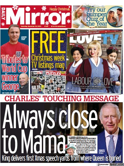 Daily Mirror Newspaper Front Page (UK) for 24 December 2022