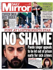 Daily Mirror Newspaper Front Page (UK) for 24 January 2014