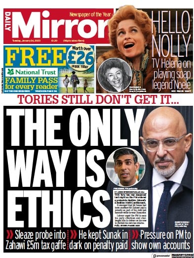 Daily Mirror Newspaper Front Page (UK) for 24 January 2023
