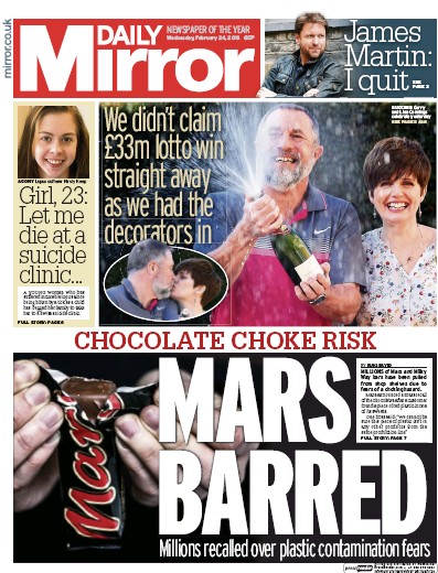 Daily Mirror Newspaper Front Page (UK) for 24 February 2016