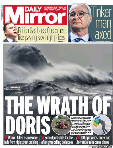 Daily Mirror Newspaper Front Page (UK) for 24 February 2017