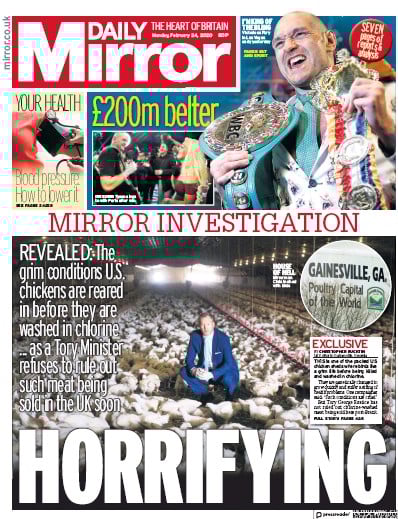 Daily Mirror Newspaper Front Page (UK) for 24 February 2020