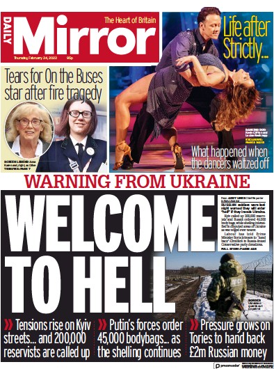 Daily Mirror Newspaper Front Page (UK) for 24 February 2022