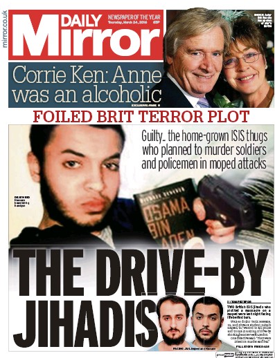 Daily Mirror Newspaper Front Page (UK) for 24 March 2016