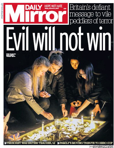 Daily Mirror Newspaper Front Page (UK) for 24 March 2017
