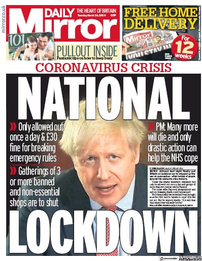 Daily Mirror Newspaper Front Page (UK) for 24 March 2020