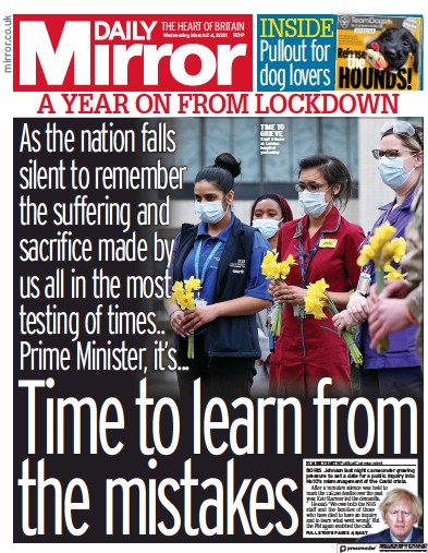 Daily Mirror Newspaper Front Page (UK) for 24 March 2021