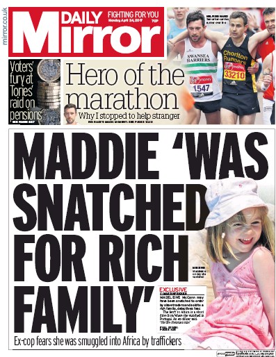 Daily Mirror Newspaper Front Page (UK) for 24 April 2017