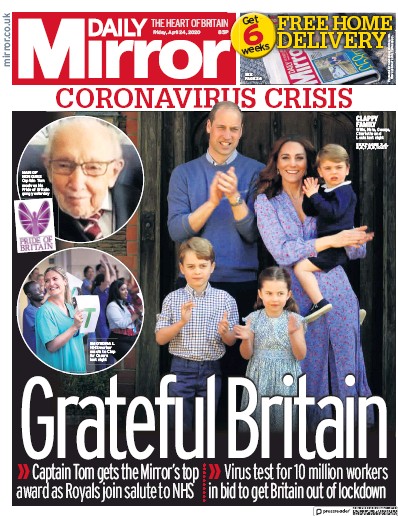 Daily Mirror Newspaper Front Page (UK) for 24 April 2020