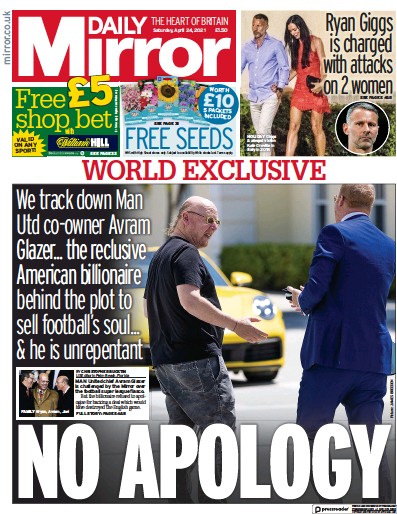 Daily Mirror Newspaper Front Page (UK) for 24 April 2021