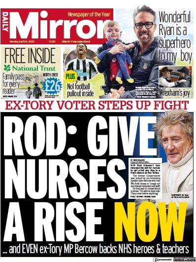 Daily Mirror Newspaper Front Page (UK) for 24 April 2023