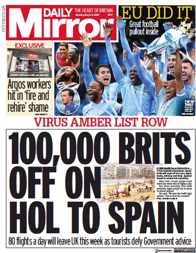 Daily Mirror Newspaper Front Page (UK) for 24 May 2021