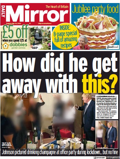 Daily Mirror Newspaper Front Page (UK) for 24 May 2022