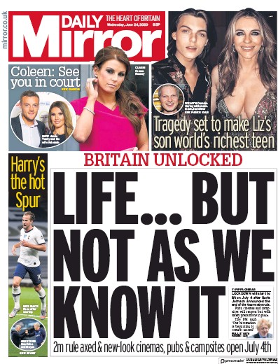Daily Mirror Newspaper Front Page (UK) for 24 June 2020