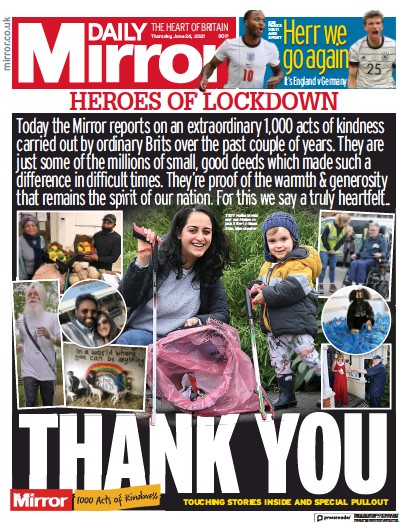 Daily Mirror Newspaper Front Page (UK) for 24 June 2021