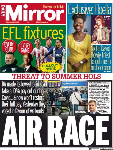 Daily Mirror Newspaper Front Page (UK) for 24 June 2022