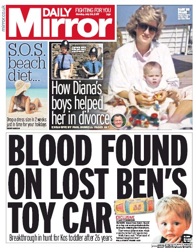 Daily Mirror Newspaper Front Page (UK) for 24 July 2017