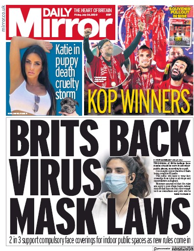 Daily Mirror Newspaper Front Page (UK) for 24 July 2020