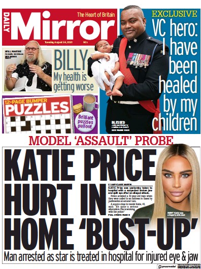 Daily Mirror Newspaper Front Page (UK) for 24 August 2021
