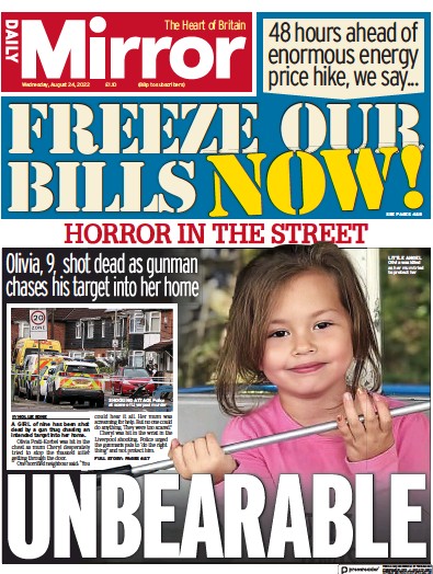 Daily Mirror Newspaper Front Page (UK) for 24 August 2022
