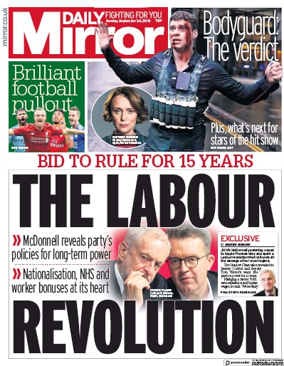 Daily Mirror Newspaper Front Page (UK) for 24 September 2018