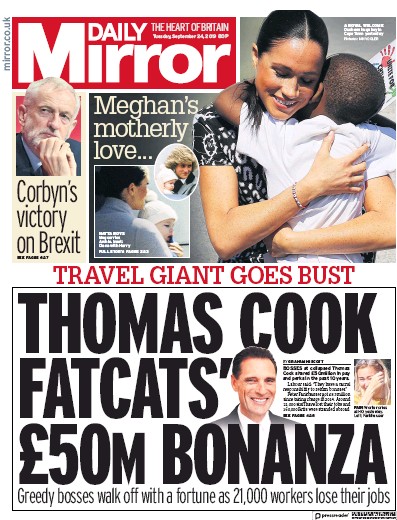 Daily Mirror Newspaper Front Page (UK) for 24 September 2019